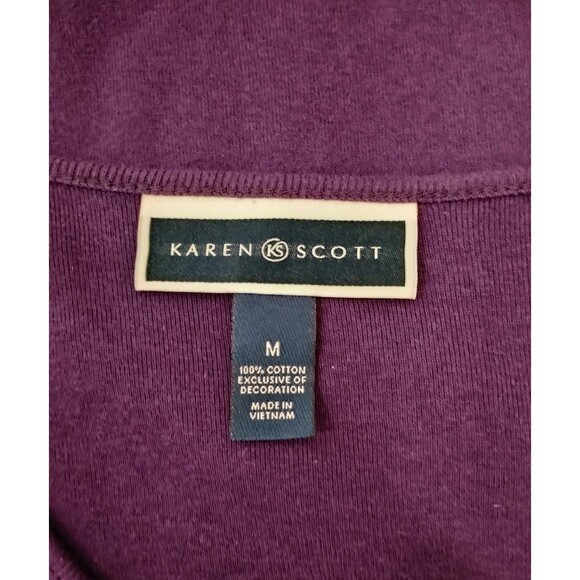 Karen Scott Pullover Knit Top Decor V-Neck 3/4 Sleeve SZ M Purple Cotton Blouse - Picture 6 of 7